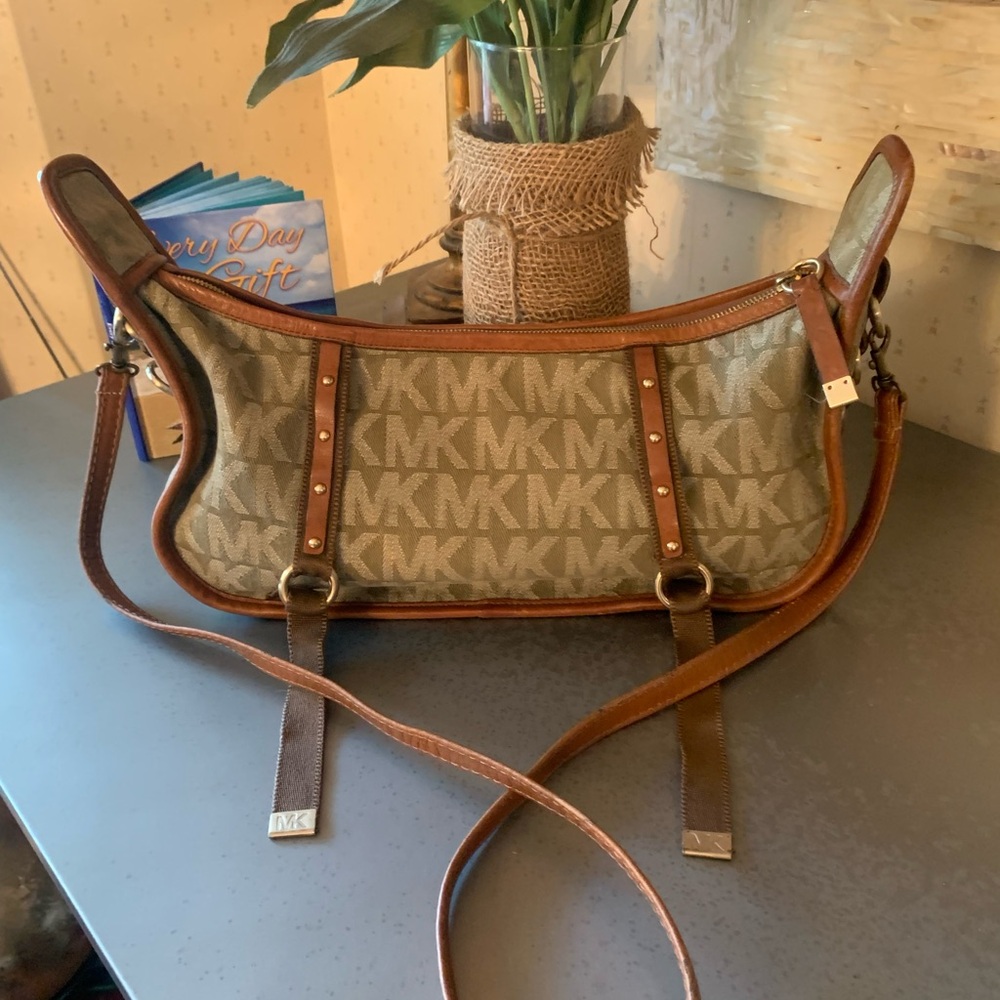 MICHAEL KORS, OLIVE GREEN signature fabric with SADDLE BROWN trim shoulder bag.